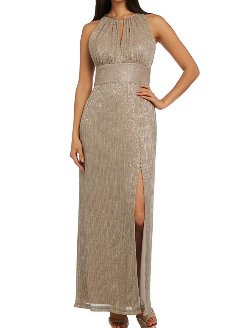 R&M Richards Metallic Champagne Halter Gown Keyhole Slit Size 12